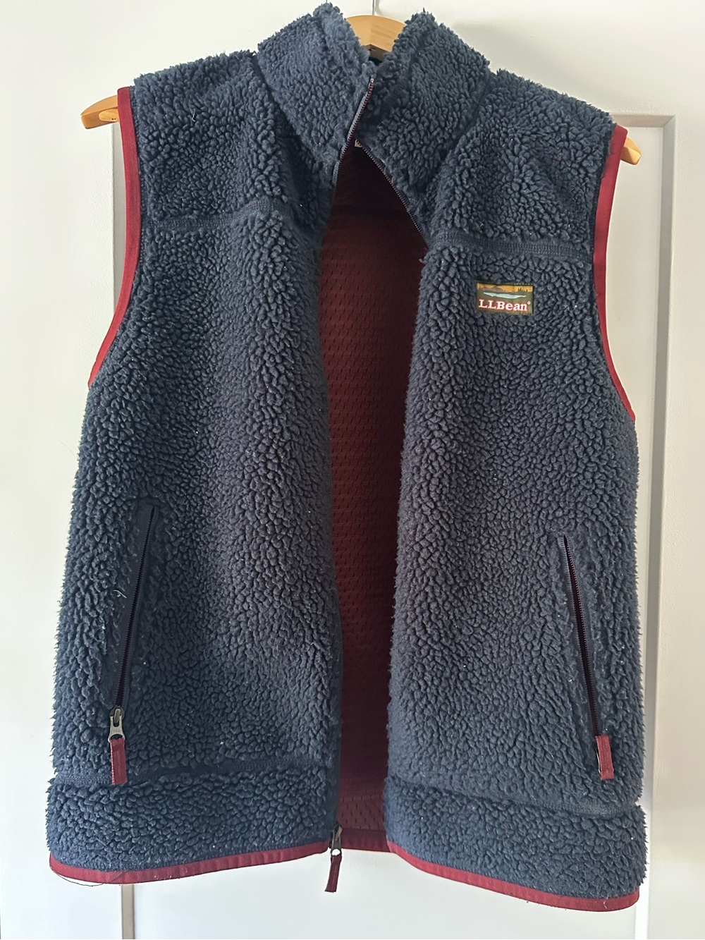 L.L. Bean Navy Sherpa Fleece Vest with Burgundy Trim